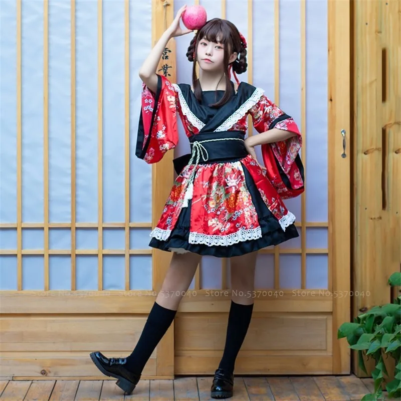 Tradicionālā Japāņu Lolita Anime Cosplay Kostīmu Kimono Kleita Sievietēm Sakura Yukata Tutu Kawaii Meitene Haori Puses Posmā Apģērbs