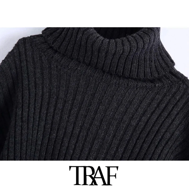 TRAF Sieviešu Modes Biezs Silts Apgriezts Adītas Vintage Džemperis ar Augstu Apkakli, Ilgi Turn-up Piedurknēm, Sieviešu Džemperi Šiks Topi