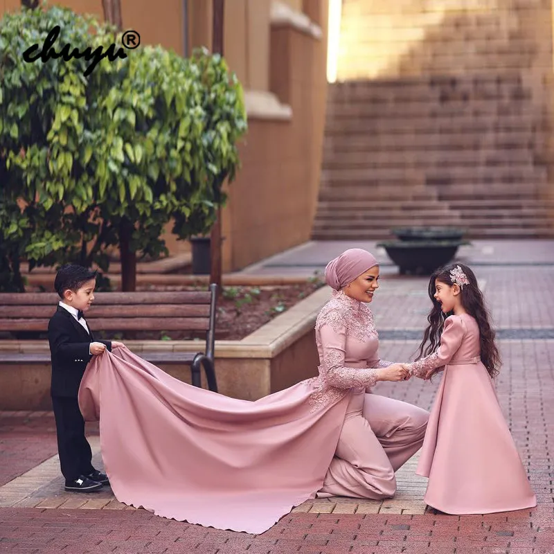 Tumši Rozā Musulmaņu Vakara Kleitas Jumpsuits Noņemams Appliques Šalle Hijab Islāma Dubaija Saūda Arābu Vakarkleita Balles Kleita
