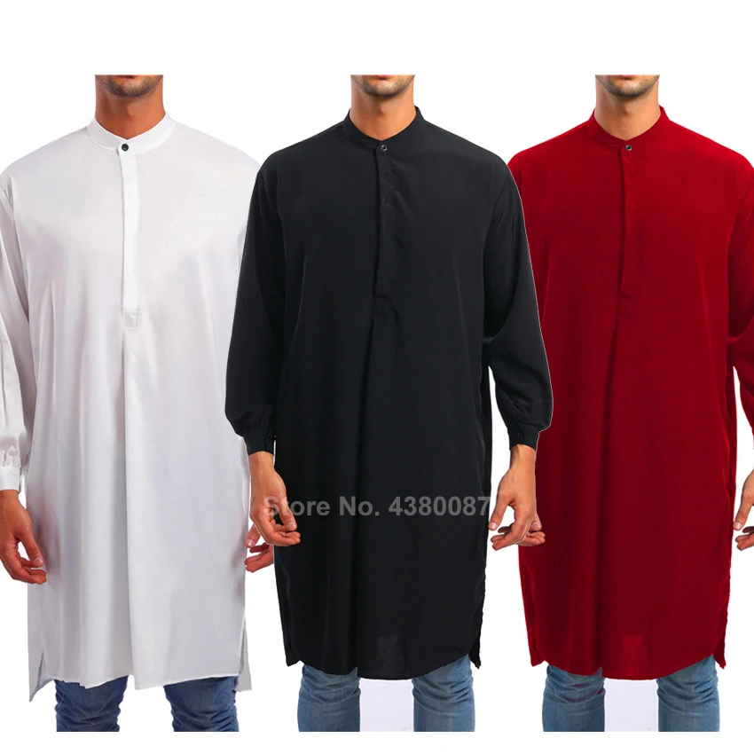 Tīrtoņa Krāsu Saūda Arābijas Vīriešu Musulmaņu Tradicionālo Thobe Pogu Garš Krekls Turku Gadījuma Vīriešu Ar Garām Piedurknēm Ar Islāma Apģērbi