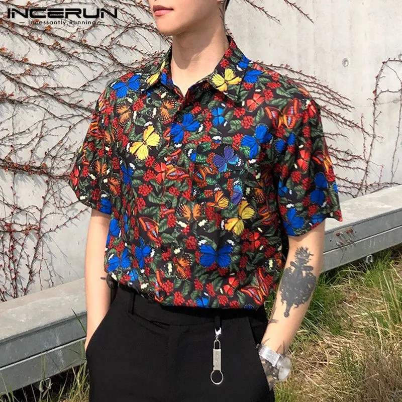 Vasaras Drukāšanas Vīriešiem Gadījuma Šiks Krekls Atloks ar Īsām Piedurknēm Modes Zīmola Havaju Krekli Pogu Streetwear Camisas Hombre INCERUN