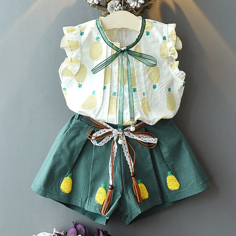 Vasarā Meitenes Apģērbu Komplekts Loku Augļu Drukāt Peld Piedurknēm Top + Tīrtoņa Krāsas Bikses, Zīdainis, Mazulis Meiteņu Drēbes