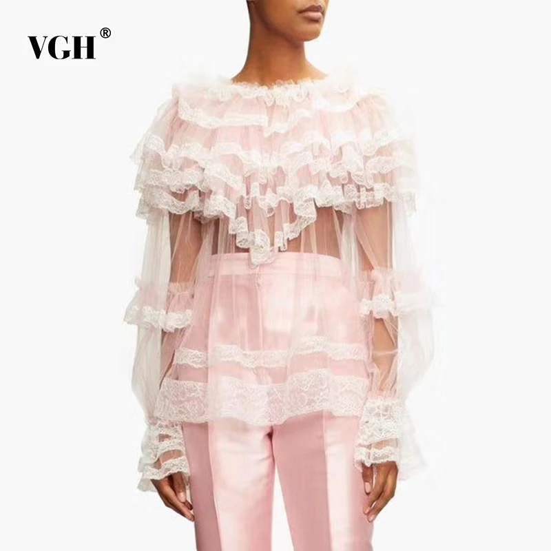 VGH Raibs Acs Krekls Sievietēm O Kakla Izlīdzināšanu Mežģīņu Piedurknēm Dobi No Viedokļa, Eleganta Blūze Sieviešu 2020. Gadam, Modes Jaunu Stilu