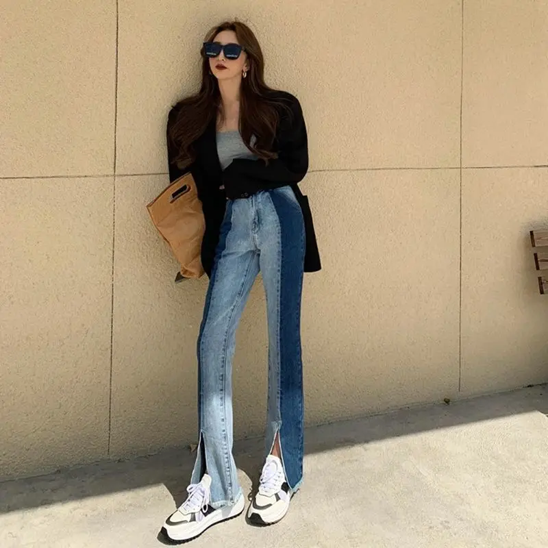 Vintage Raibs Džinsi Wome Augsta Vidukļa Streetwear Zaudēt Sadalīt Taisnas Bikses Sieviešu Korejas Džinsa Bikses