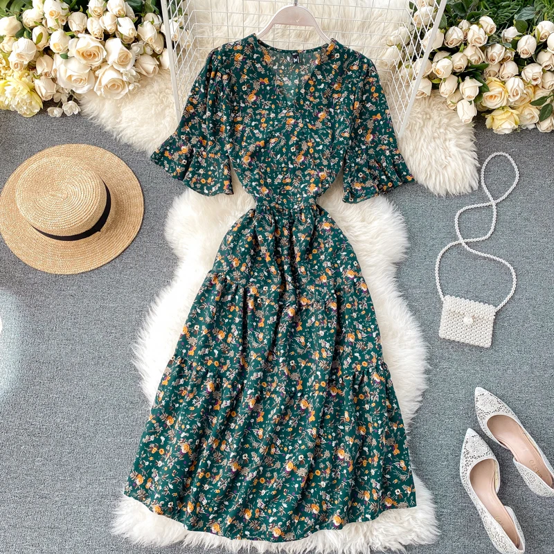 Vintage ruffles V Kakla slim ir 2021. ziedu drukāt kleita garas vasaras vestido de festa Grupa Sievietēm, eleganta tunika beach brīvdienu kleita