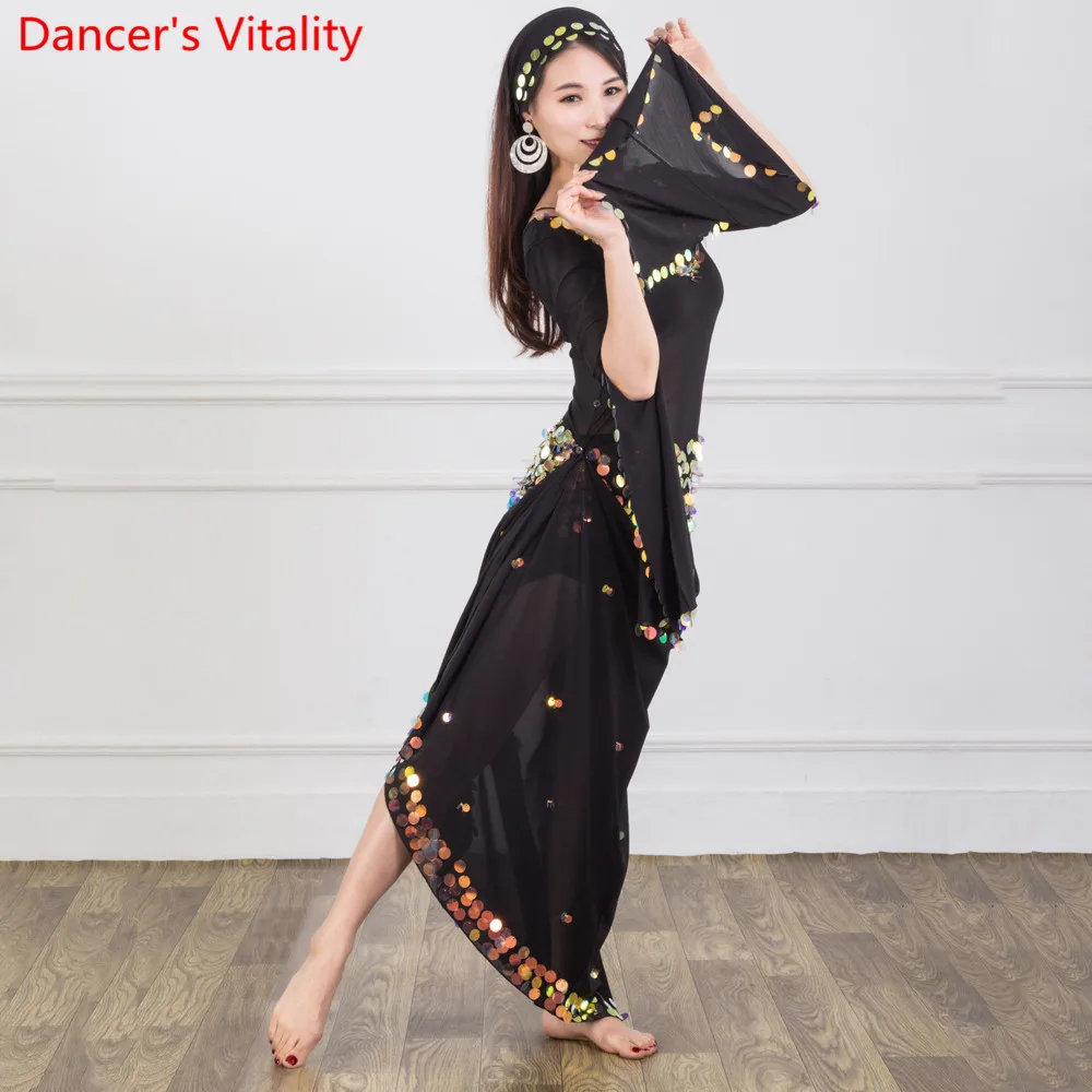 Vēdera Dejas Praksē Tērpiem Ziemas Sievietes Jauns Sadalīt Piedurknēm Dzirkstošo Sequin Kleita Indijas Austrumu Dejotāju Skatuves Performance Komplekts