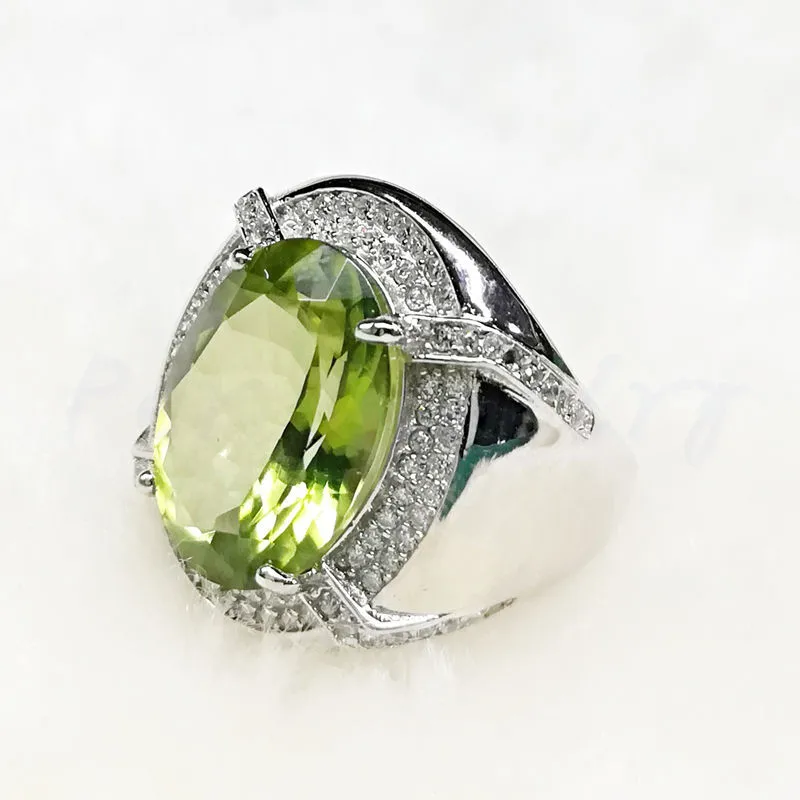 Vīriešu gredzens Dabas nekustamā zaļā liels topāzs gredzens Bezmaksas piegāde 925 sterling silver 12*16 mm 13ct liels dārgakmens Smalkas rotaslietas F8110516