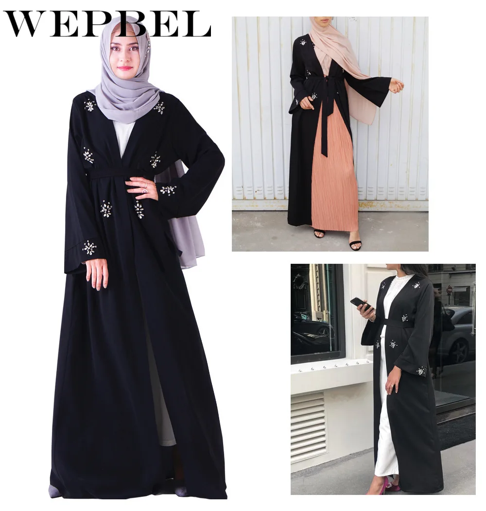 WEPBEL Rheinstones Pilnu Piedurknēm Sieviešu V Kakla Kleita Musulmaņu Abaya Kimono tīrtoņa Krāsu Ruffles Dāmas Sen Maxi Kleitas
