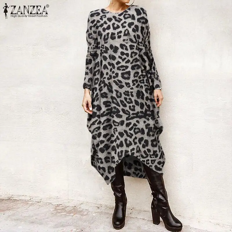 ZANZEA Modes Pavasara garām Piedurknēm Leopard Print Kleita Sievietēm Asimetrisko Hem Kaftan Vestido Šiks Sundress Baggy Zaudēt Kleitas