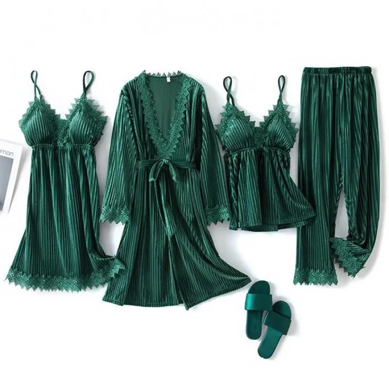 Zaļā Samta 4GAB Pidžamu Uzvalks Intīmas Apakšveļa, Sieviešu Ikdienas Miega Komplekts Homewear 2021. Gada Rudenī Jaunu Sleepwear Mājas Apģērba