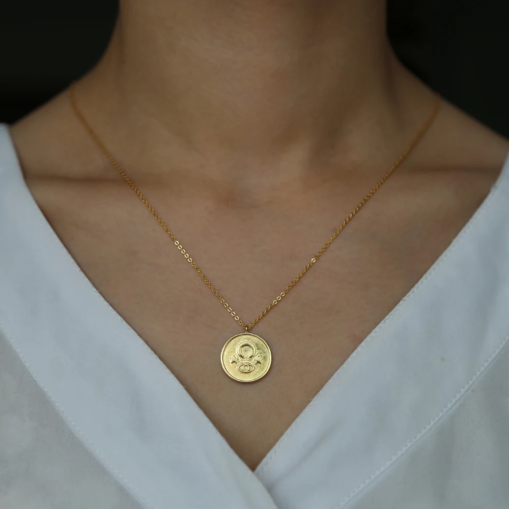 Zelta piepildīta 925 SterlinG Sudraba monētu kaklarota sievietēm iegravēts ļauno aci Zvaigžņu mēness laimīgs Simbols puse Ģeometriskā rotaslietas