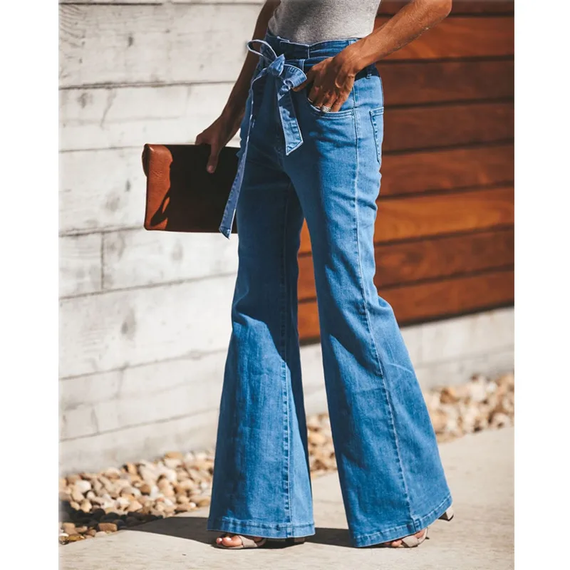 Zila Kaklasaite Vidukļa Uzliesmojums Džinsi Sieviešu Slim Džinsa Bikses Vintage Apģērbu 2019. gada pavasarī Augstās Jostasvietas Bikses Siksnas Stretchy Plaša Kāju Džinsi