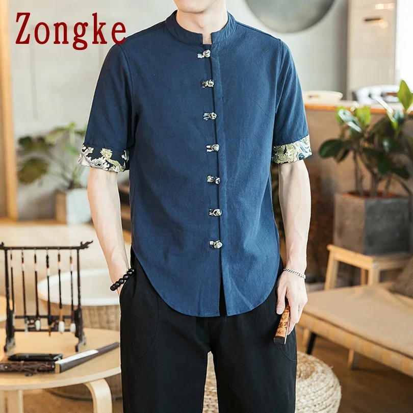 Zongke 2021. gada Vasarā Jaunu Gadījuma Īsām Piedurknēm Krekls Vīriešiem Ķīniešu Stila Kokvilnas Veļa Vīriešiem Kreklu Pusi Piedurknēm Vīriešu Apģērbu Zīmola M-5XL