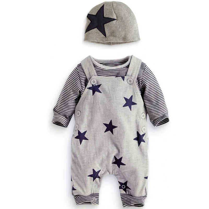 0-3 Gadu Rudenī Puiku Tērps Star Bikses + garām piedurknēm T-krekls + Cepure 3pcs Zīdaiņu Toddler Apģērbu Komplekts Bērnu Apģērbs KF754