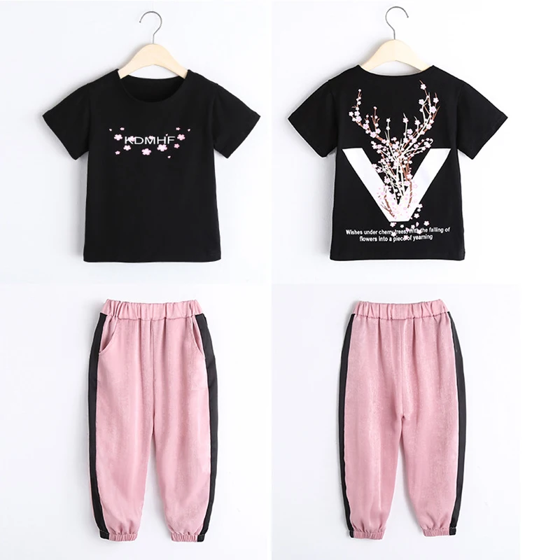 2019. gada Vasaras Meiteņu Apģērbu Komplekti Meitenēm ar Īsām Piedurknēm T-krekls+Casual Bikses Teen Girl Apģērbu 8 10 12 14 Gadus atpakaļ uz skolu apģērbs