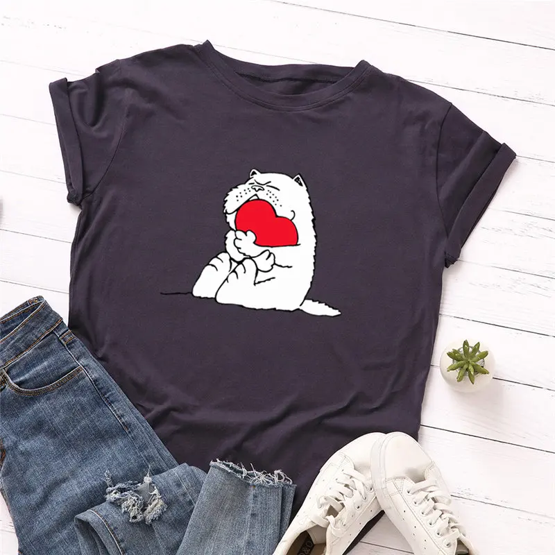 2019 Modes Plus Lieluma Sievietēm T-krekls, Kokvilnas t-veida Mīlestību Kaķis Kartona Iespiests T-Krekls Sievietēm, O-veida Kakla Īsām Piedurknēm T Augšu