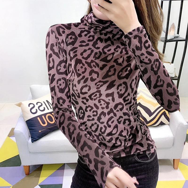 2019 rudens ziemas augstu uzrullētu apkakli džemperis t krekls sievietēm, plus lieluma garām piedurknēm samta sieviešu topi streetwear sexy leopard tshirt