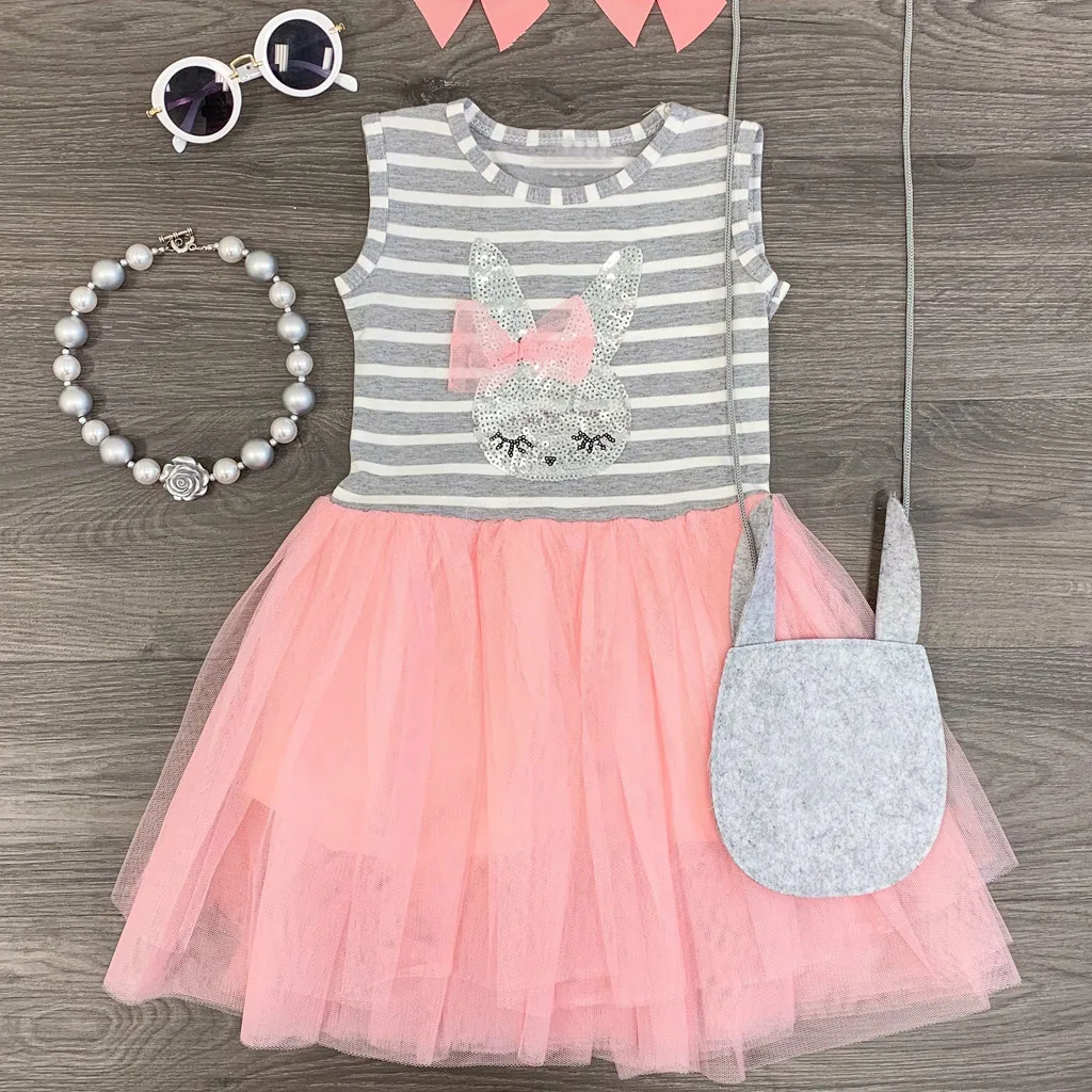 40# Toddler Kleitas, Bērnu Kid Meitenes Svītrainām Piedurknēm Izšūšanas Vasaras Trušu Drukas Kleita Princese Svārki Ikdienas Svārki Drēbes