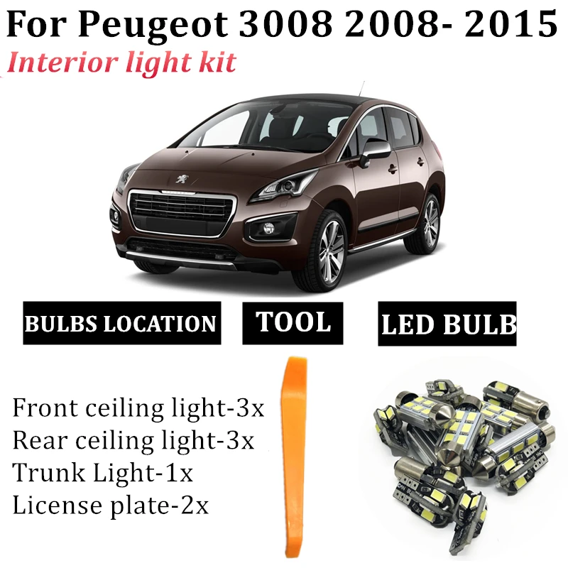 9pcs bezmaksas piegāde Bez Kļūdām, Auto LED Spuldzes T10 Automašīnu Led salona Apgaismojuma Komplekts Dome Lampas Peugeot 3008 aksesuāri 2008. -. gadam