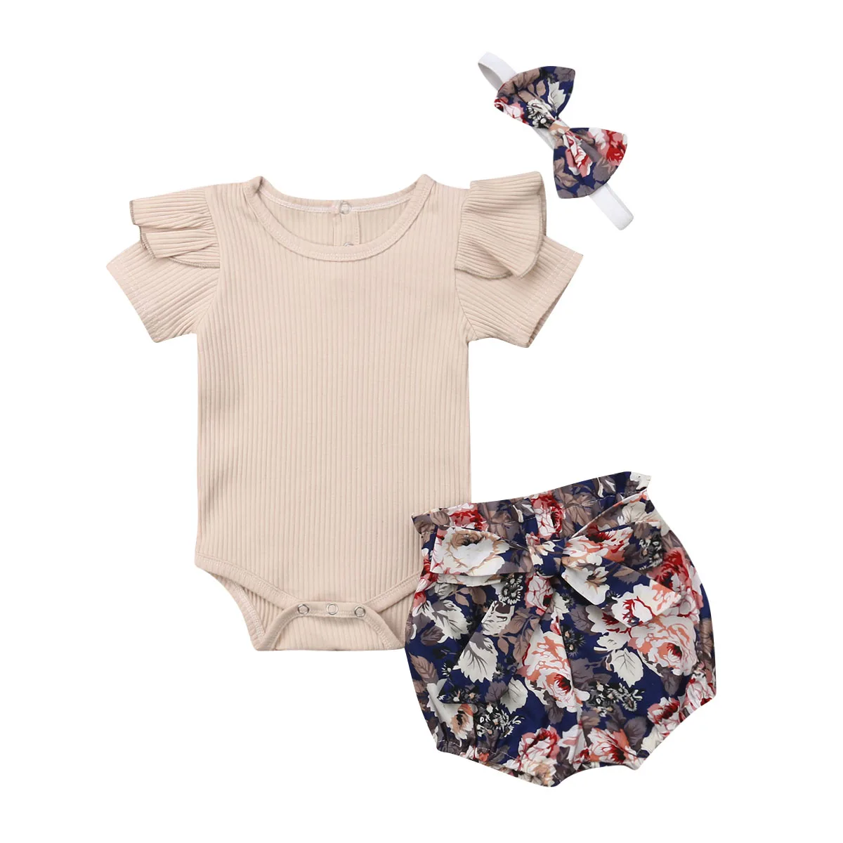 A 2019 Modes Jaundzimušais Meiteņu Topi Romper Bodysuit Bikses, īsās bikses-Šorti Galvu Apģērbs Izdrukāt Lotus Malas Meitenes'Clothing Komplekts 0-18M
