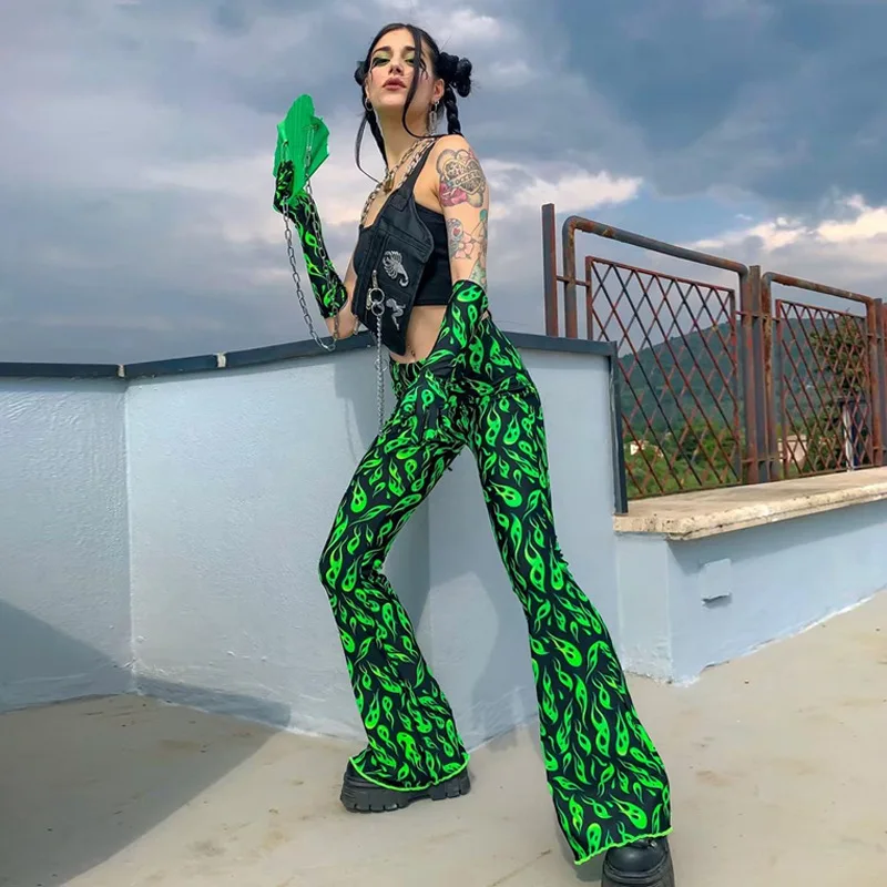 ALLNeon E-meitene Stila Garās Bikses un Zaļu uzdruku Izlīdzināšanu Bikses Modes Rave Festivāls Bikses Streetwear Bikses Sievietēm Punk Drēbes