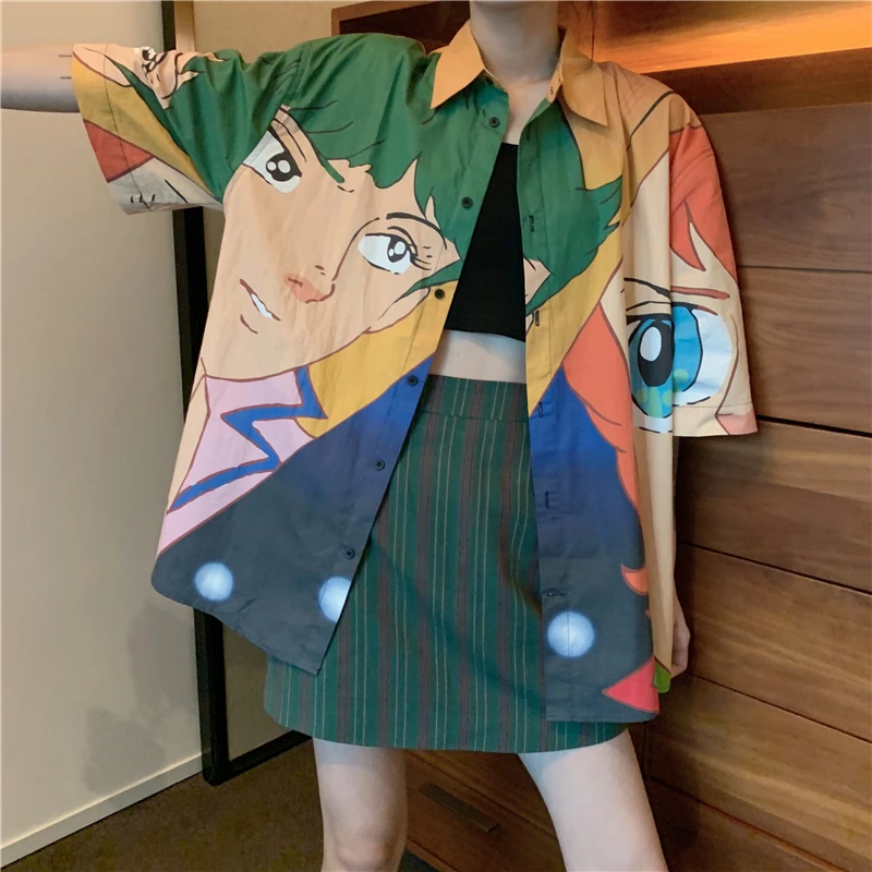 Anime Drukāt Harajuku T Krekls Sievietēm Dāmas Vasaras Tshirt Ulzzang korejiešu Stilā, Grafiskais Tee Topi Pogu, Līdz Jaciņa Ilgi