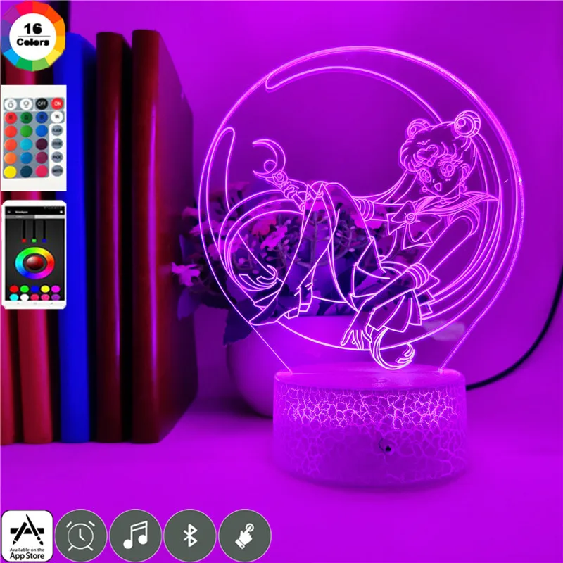 App Kontroles Anime gaismas Sailor Moon 3D LED Lampa 7 Krāsa Mainās Nakts Gaisma Atdzist Meitene Bērnu Guļamistaba Dekorēšana Dāvanu Rotaļlietas