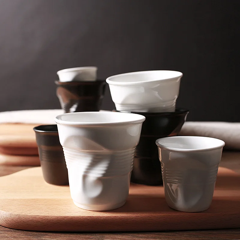 Augstas Kvalitātes Keramikas Īss Porcelāna Kafijas Krūzes Black Matt White Eiropas Stila Brokastis Piena Tējas Tase Origami Tases Drinkware