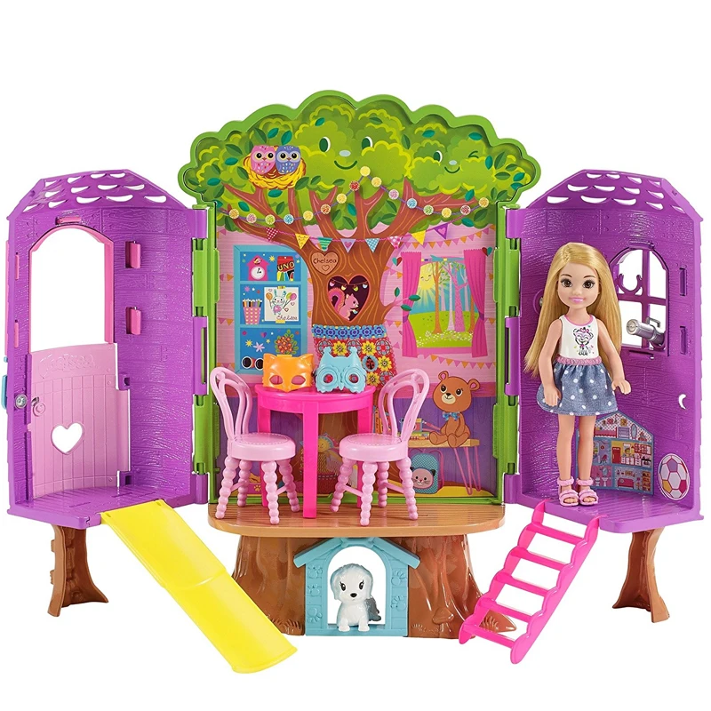 Barbie Kluba Chelsea Treehouse Māja ar Chelsea Lelle Kucēns, Galda Krēsli, Slaidu, Šūpoles Maska Namiņš Rotaļlietu Childern FPF83
