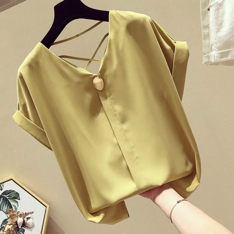Cietā V-veida kakla Šifona Blūze Sievietēm Blusas Mujer De Moda Ir 2021. Vasaras korejas Īsām Piedurknēm Biroja Dāma Dzelteno krāsu Blusa 9306 50