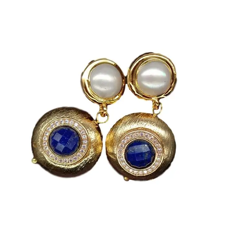 Dabas Lapis Blue monētas Baltas Saldūdens Pērles, zelta krāsas pārklājumu ģeometrisko auskariem luksusa stilā sievietēm