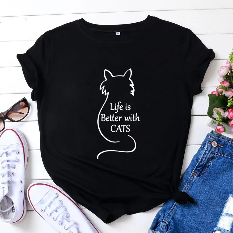 Dzīvē Ir Labāk ar Kaķi Smieklīgi, T Krekli, Sieviešu Īsām Piedurknēm O-veida kakla t-veida Krekls Femme Harajuku Tshirt Sieviešu Top Brīvs Camiseta Mujer