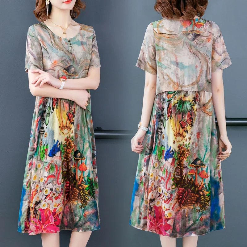 Elegants, Garas Zīda Kleitas Jaunu 2020. Gada Vasaras Dāmas Zaudēt Ziedu Printed Kleita Sieviešu Vintage Puse Drēbes Vestidos Plus Izmērs L-5XL
