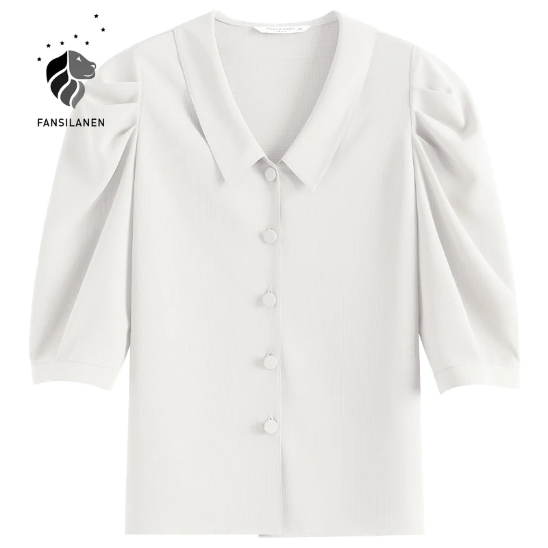 FANSILANEN Puff piedurknēm vintage blūze, krekls Sievietēm elegants birojs dāma balts krekls Rudens v kakla zaļā vintage blūze top sieviete