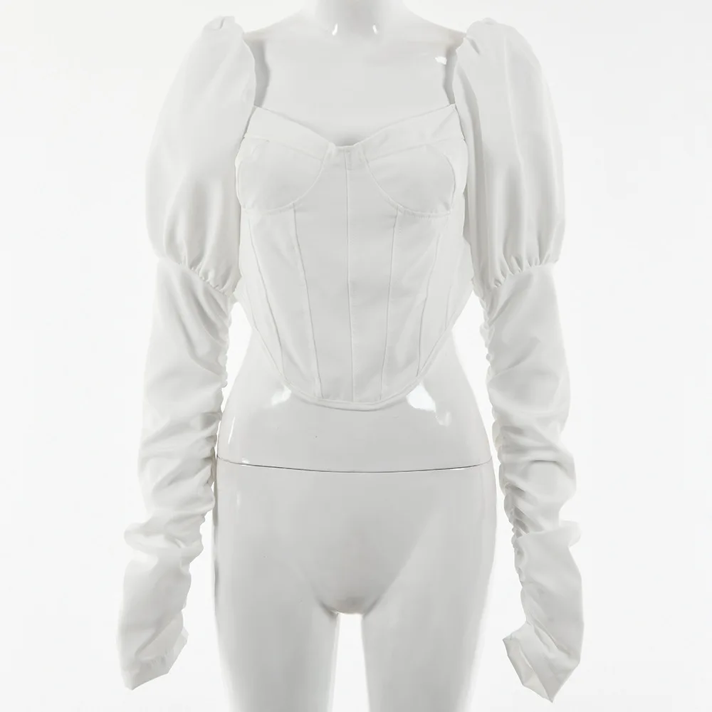 Giyu Sexy Sievietes Blūzes 2020. Gada Rudenī Ruched Puff Piedurknēm Krekls Elegants Vintage Apģērbu Chemise Femme Garām Piedurknēm Kultūraugu Top Blusas