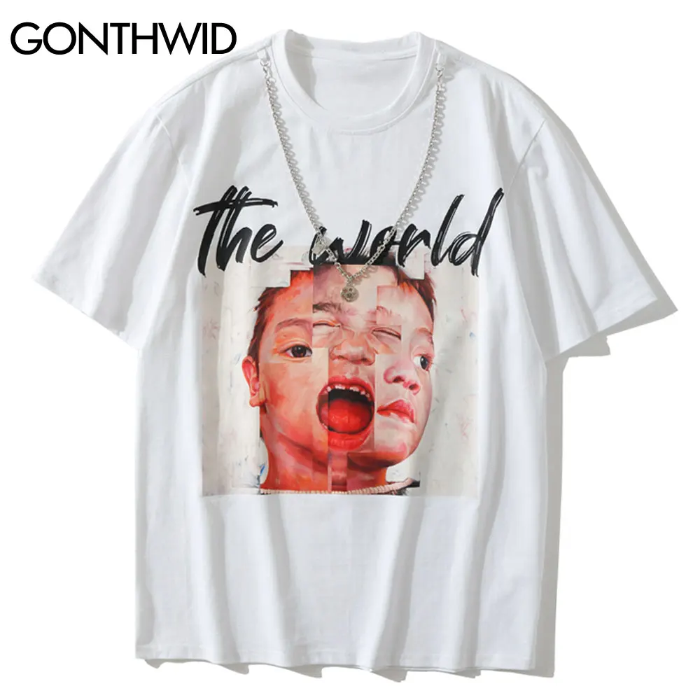 GONTHWID t-veida Krekli Streetwear Radošās Drukas Tshirts ar Ķēdes Hip Hop Gadījuma Kokvilnas ar Īsām Piedurknēm T-Krekli, Modes Topi Brīvs