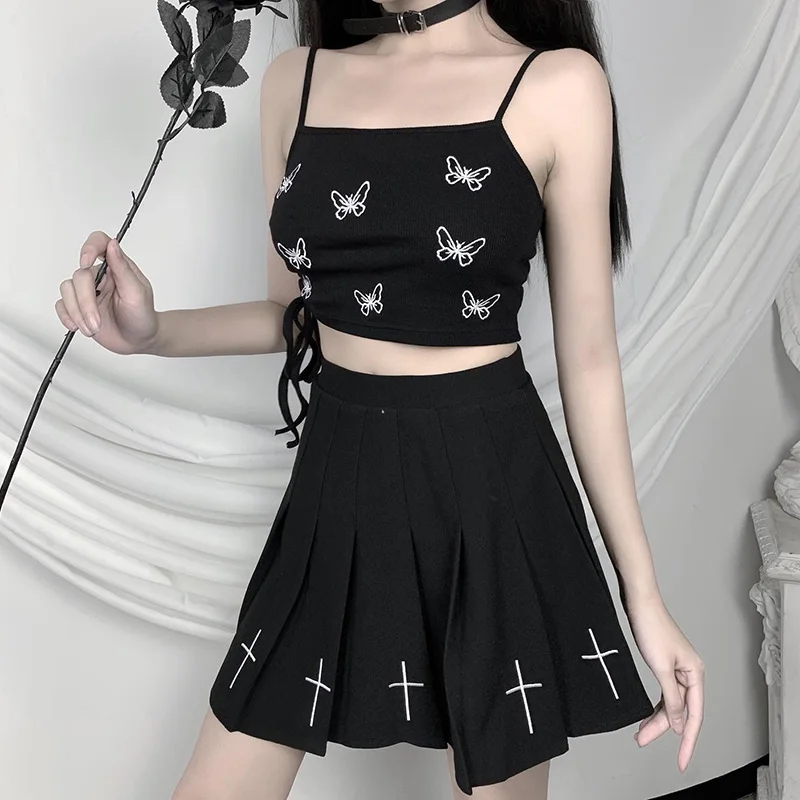 Gothblack Sexy Slim Adīšanas Camis Gothic Sieviešu Tauriņš Drukāšanas Mežģīnes Up Crop Topi, Sieviešu 2020. Gada Vasarā Jaunu Streetwear Īss Augšu
