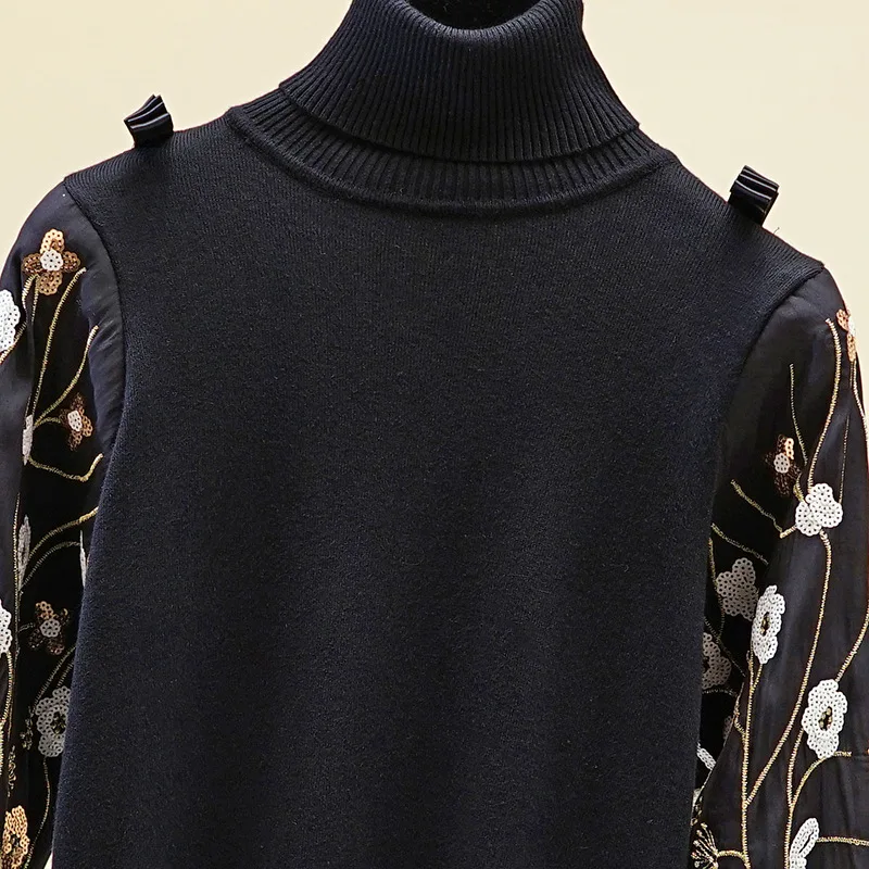 HLBCBG Augstas Kvalitātes augstu uzrullētu apkakli Sieviešu Džemperis Luksusa Izšuvumi Sequin Džemperi, Topi Šiks Bowtie Trikotāžas Džemperis Pull Femme Melns