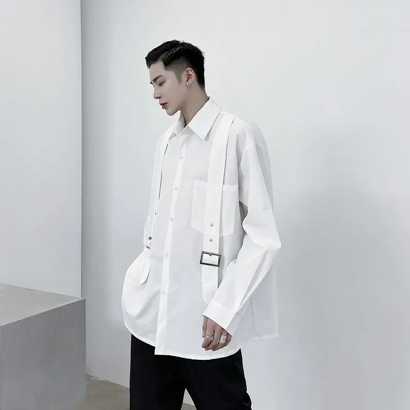 IEFB /vīriešu apģērbi pārsējs melns balts krekls vīriešu 2021. gada Pavasarī jaunu personību siksnas dizainu, vintage liela izmēra gadījuma topi 9Y3315
