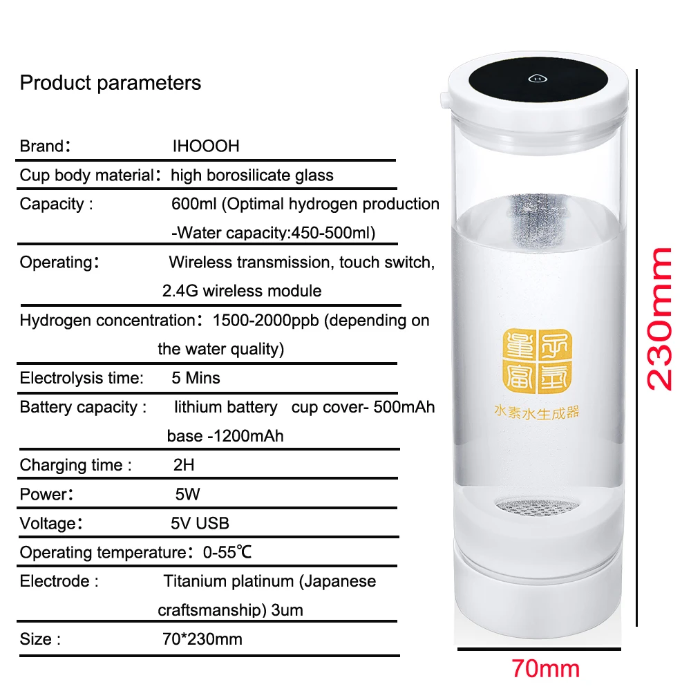 IHOOOH Ražotājs Ūdeņraža Bagāts Ūdens Ģenerators Tīrs H2 ORP Sārma Jonizators Anti-Novecošanās Produktu, Uzlabo Miegu Stikla Kauss
