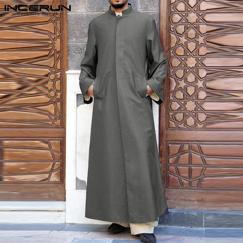 INCERUN Vīriešiem Cietā Musulmaņu Ilgi, Topi Vintage Rudens garām Piedurknēm Stāv Apkakle Abaya Jubba Cilvēks uz Pogas Islāma Apģērba 5XL7