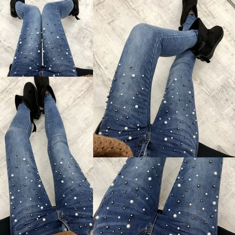 Izšūti Signālraķetes Džinsi Sieviešu Modes Slim Skinny Džinsa Bikses lielās Ielas Zils Melns Problemātisko Džinsi ar Rhinestones 2019