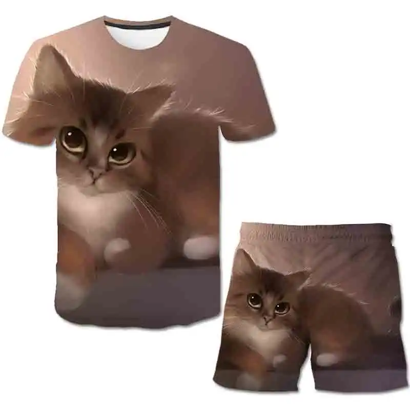 Jaunas Vasaras dzīvniekiem karstā pārdošanas Zēniem, Bērniem Drēbes kaķis Drukāt Īsām Piedurknēm T-krekls + Šorti 2 Gabals, kas Zēnu un Meiteņu Apģērbu Komplekti