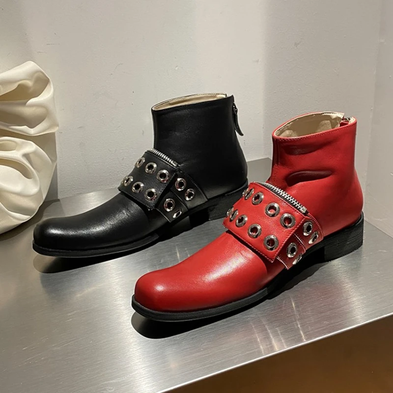 Jaunas ziemas zābaki punk stila īsi zābaki apaļu purngalu zemiem papēžiem atdzist sarkani zābaki sievietei kurpes