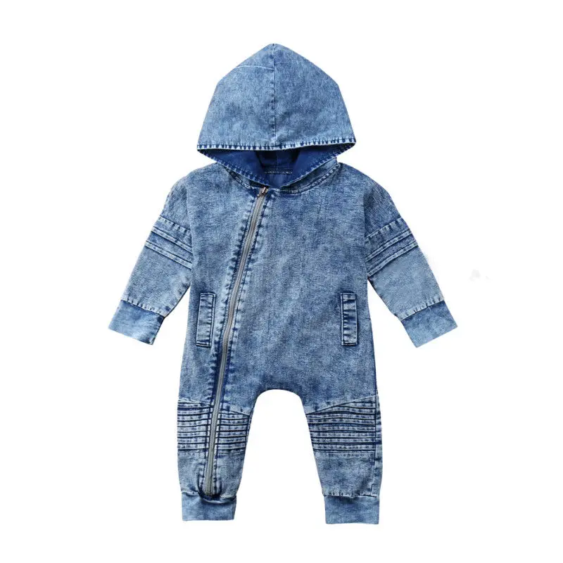 Jaundzimušiem Bērniem, Baby Boy Meitene Džinsa Kapuci Romper Playsuit Bikses Apģērbs Apģērbs