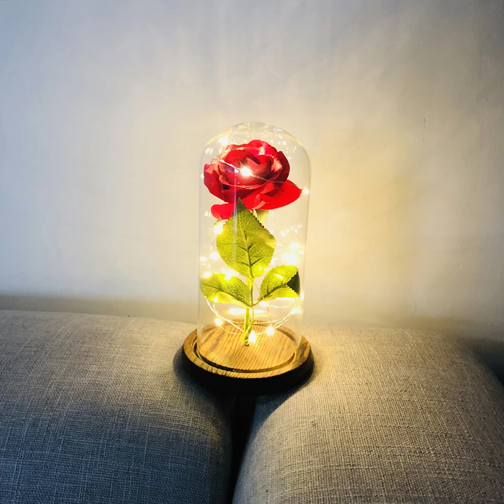 Karsta Skaistums Un Zvērs, Sarkans Rožu Ziedu Stikla Kupola Koka Bāze Rotā Valentīna Dienas Dāvanas Ziemassvētkiem LED Rose Lampas