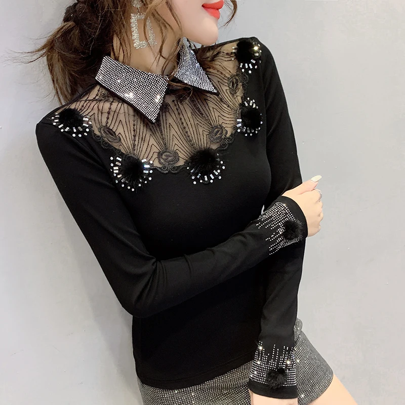 Korejas Drēbes Sexy Raibs Mežģīnes Dimantu T Sievietēm 2019. Gadā, Rudenī un Ziemā Ar Vilnas Nagu bumbu Topi Ropa Mujer Tees T9N907