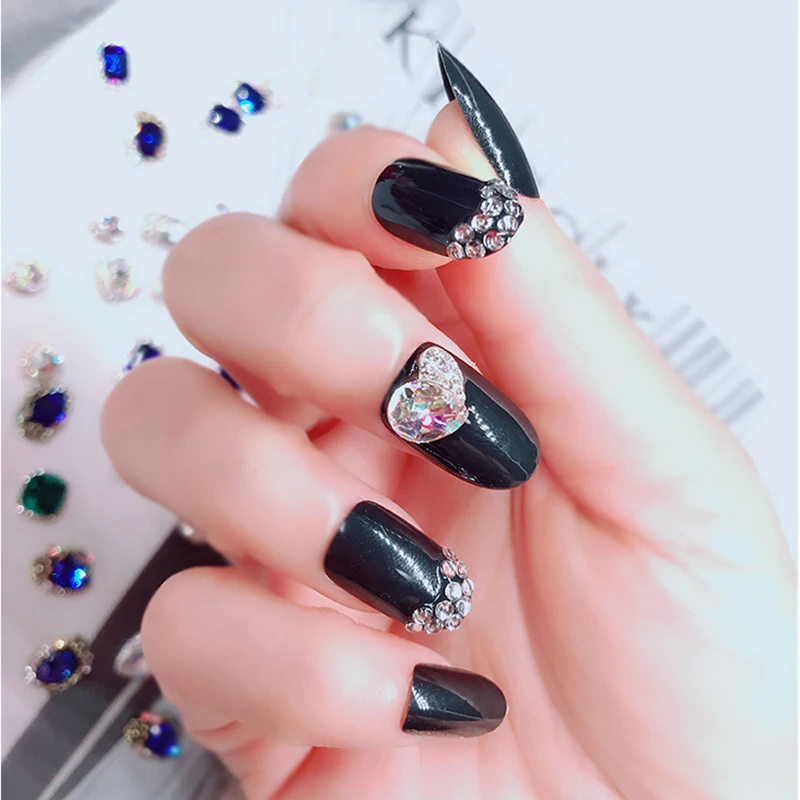 Korejas Modes Izsmalcinātu Diamante Mīlestību Sirdī nospiediet uz nagiem 3D DIY Nagu Rotājumi, Spīdīgu Melnu Kārtu viltus nagus ar līmi