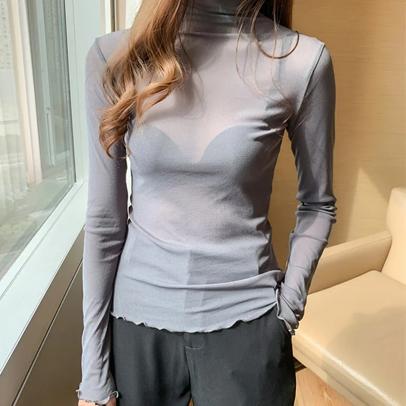Korejas Sieviešu Blūzes Sieviešu Garām Piedurknēm Blūze Topi Plus Lieluma Sieviete Augstu Uzrullētu Apkakli Cieta Acs Blūzes Krekls Blusas Mujer De Moda 2020