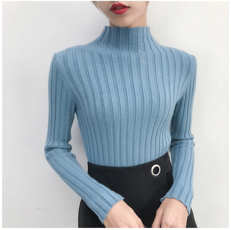Korejiešu stila džemperis sievietēm, augsta kakla 2020. gadam gadījuma ribu adīt džemperi, dzidri krāsu atbilstības džemperis džemperis sievietēm